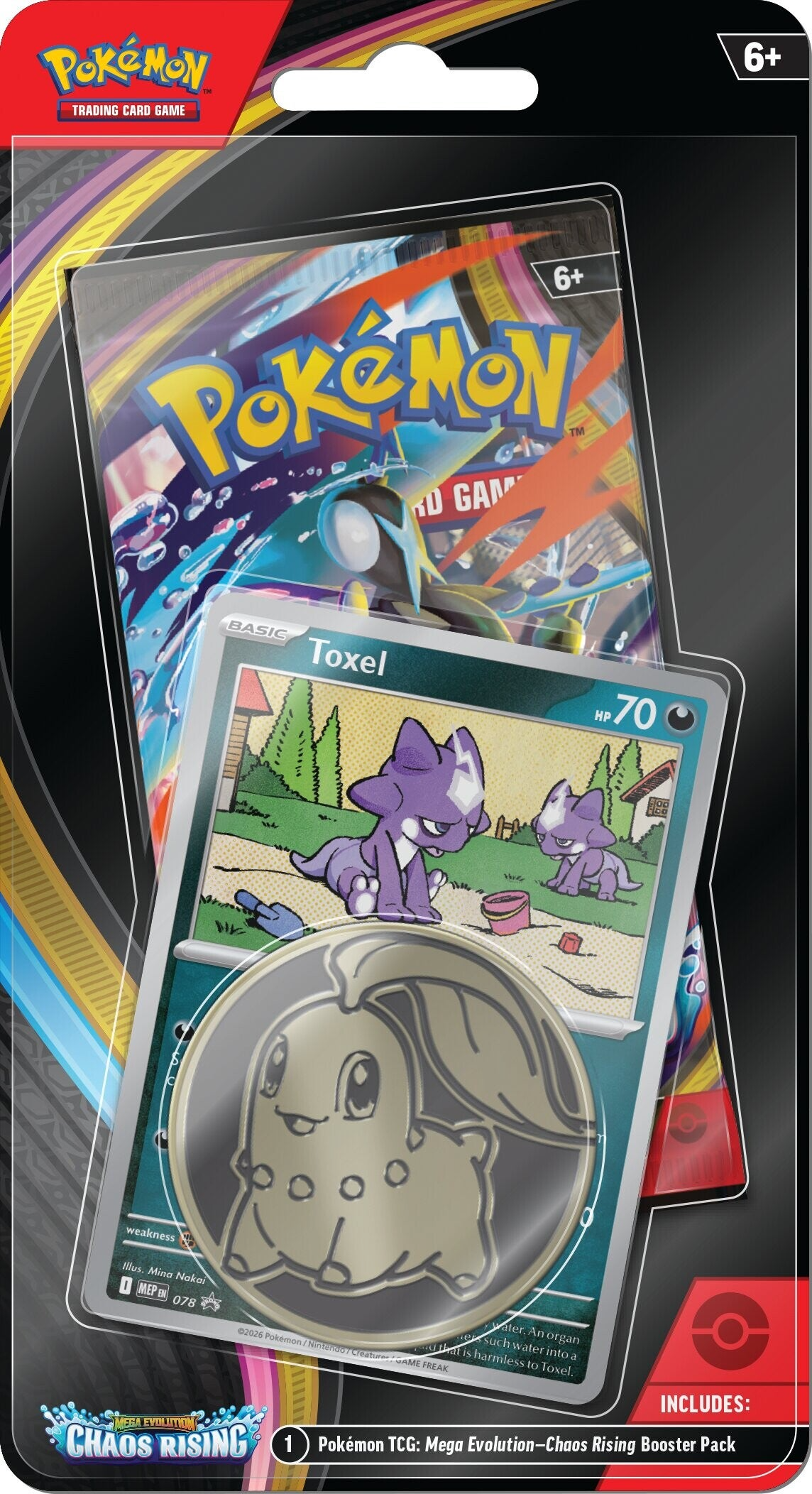 Pokemon TCG: Pack (Checklane) de 1 sobre Chaos Rising + Moneda Chikorita + Carta Promocional Toxel