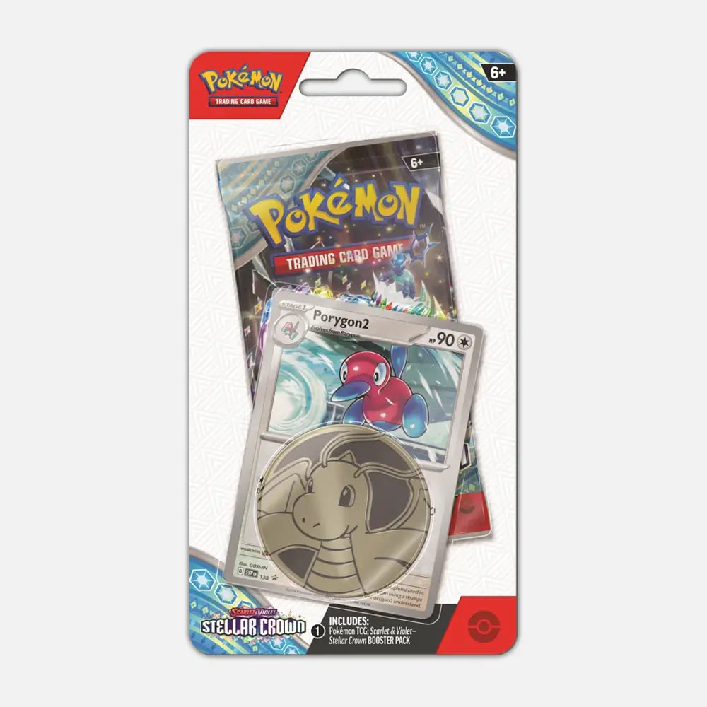 Pokemon TCG: Pack (Blister) de sobre Stellar Crown + Moneda Dragonite + Carta Promocional Porygon2 en inglés